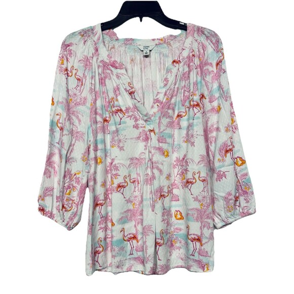 Crown & Ivy Blousy Pink Flamingo Pullover Top Summer Beachy Tropical Size Small - Picture 1 of 5